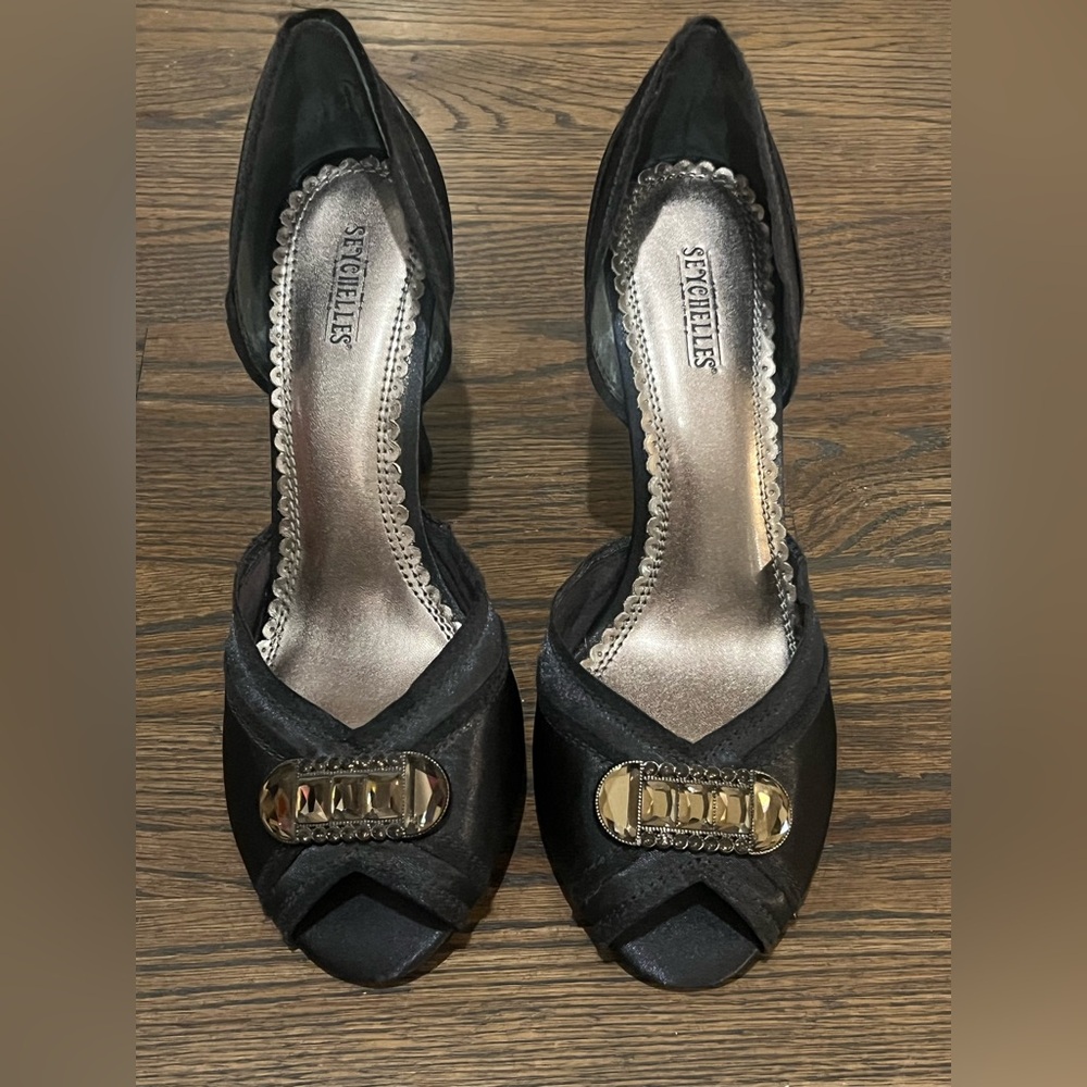 Seychelles Charcoal Satin Peep Toe Heels with Rhinestone Accents